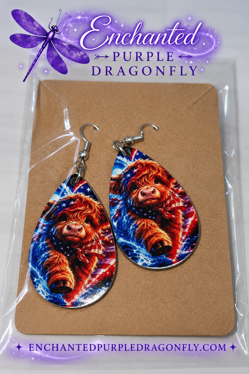 Patriotic Highland Cow Teardrop Earrings 🤎🇺🇸