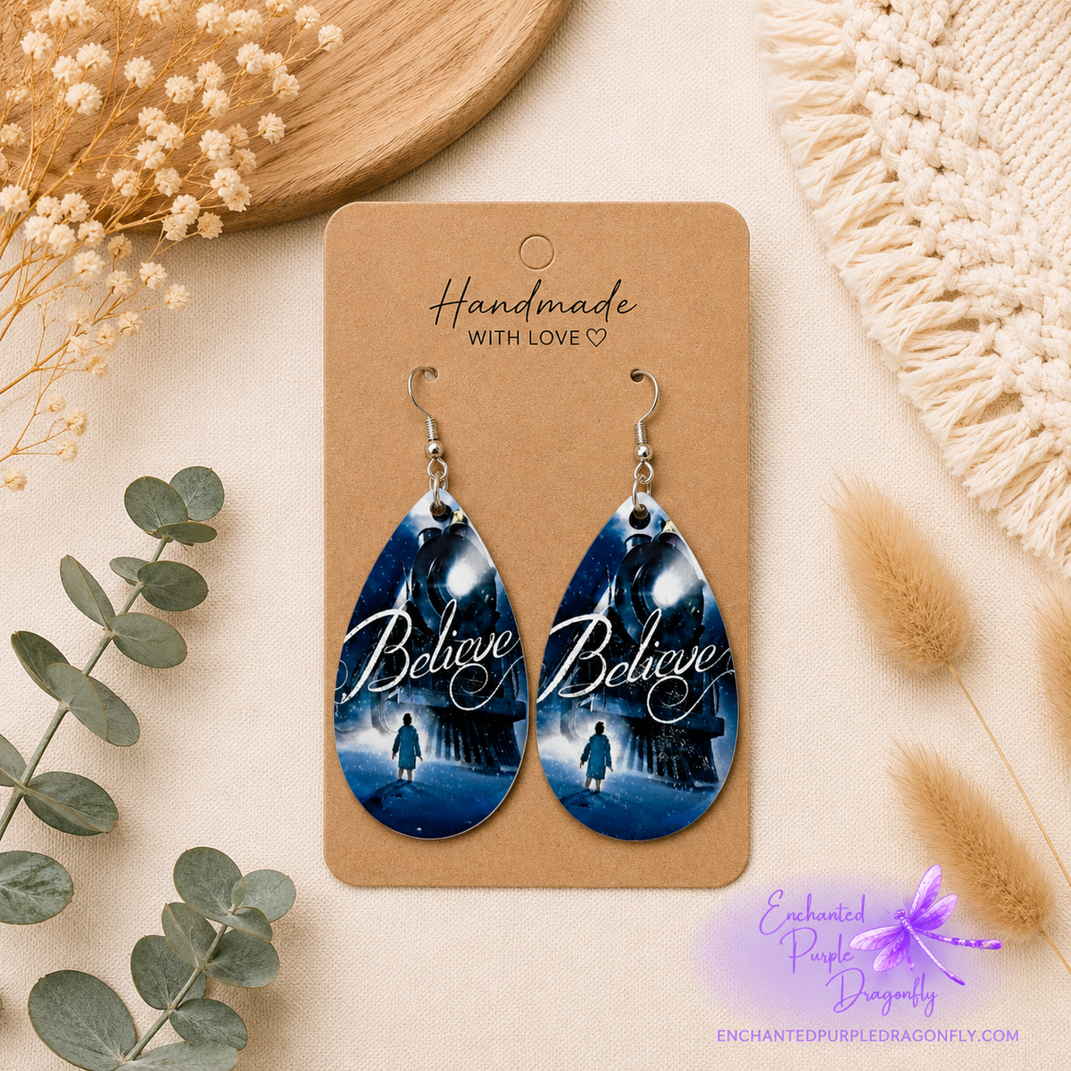 Believe Christmas Train Teardrop Earrings